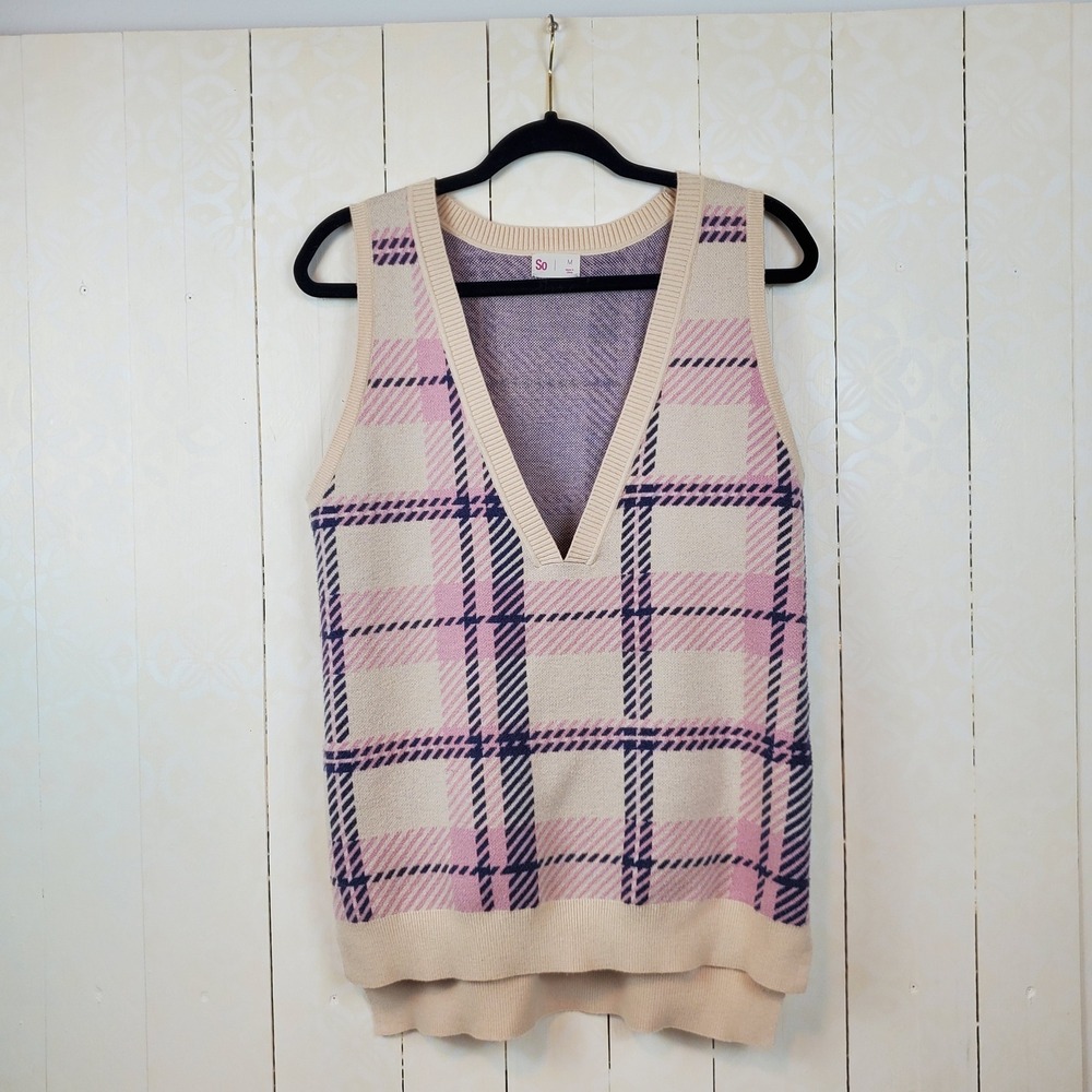 Lavender Plaid Sweater Vest Womens Medium Cream Pink V-Neck High Low Knit